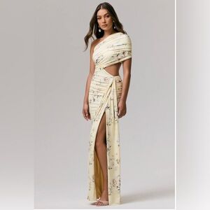 Club L London One-Shoulder Pale Yellow Floral Cutout Maxi Dress